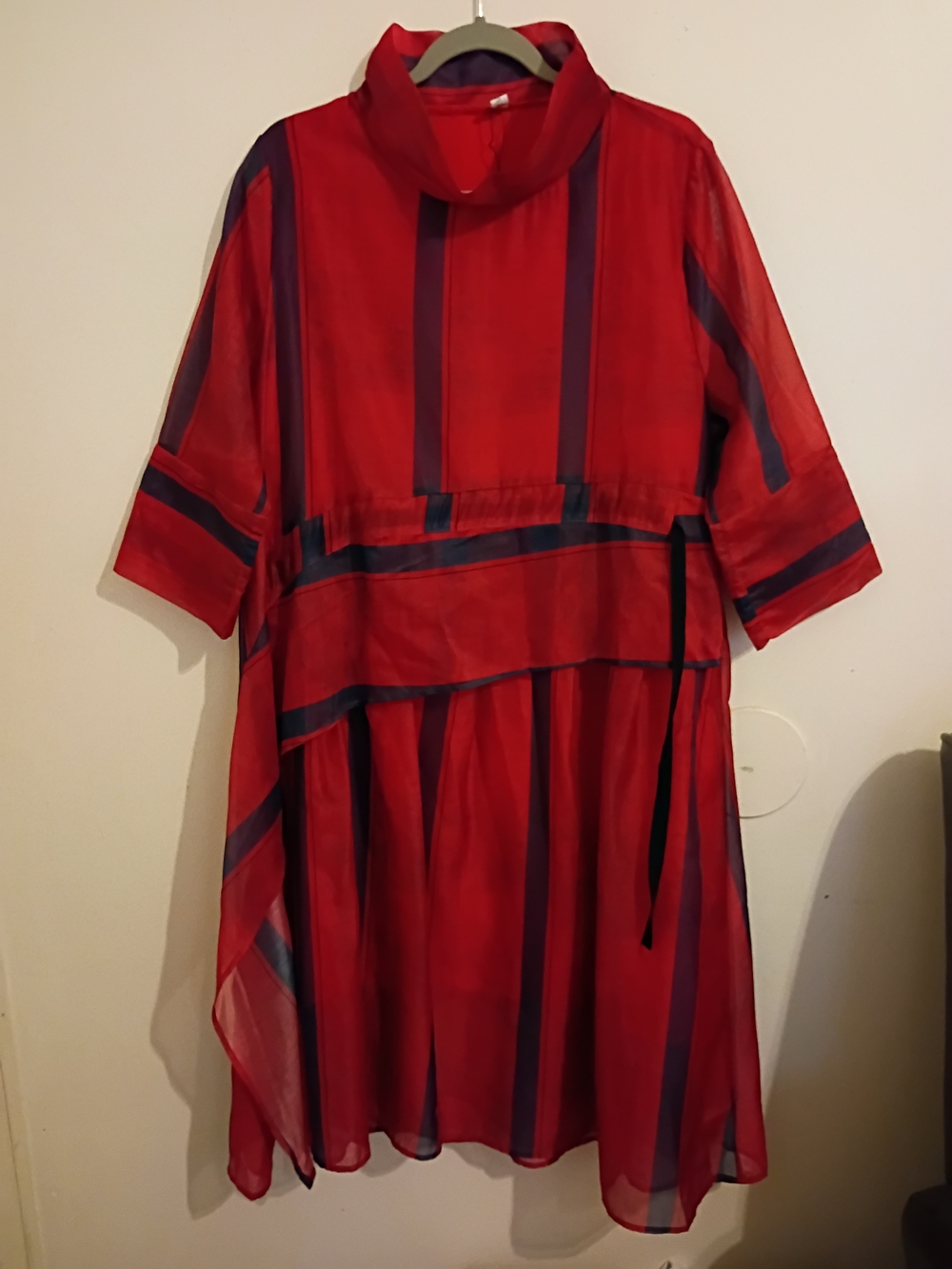 Red Midi Futuristic Dress with Navy Stripe Detail Sz‎ S